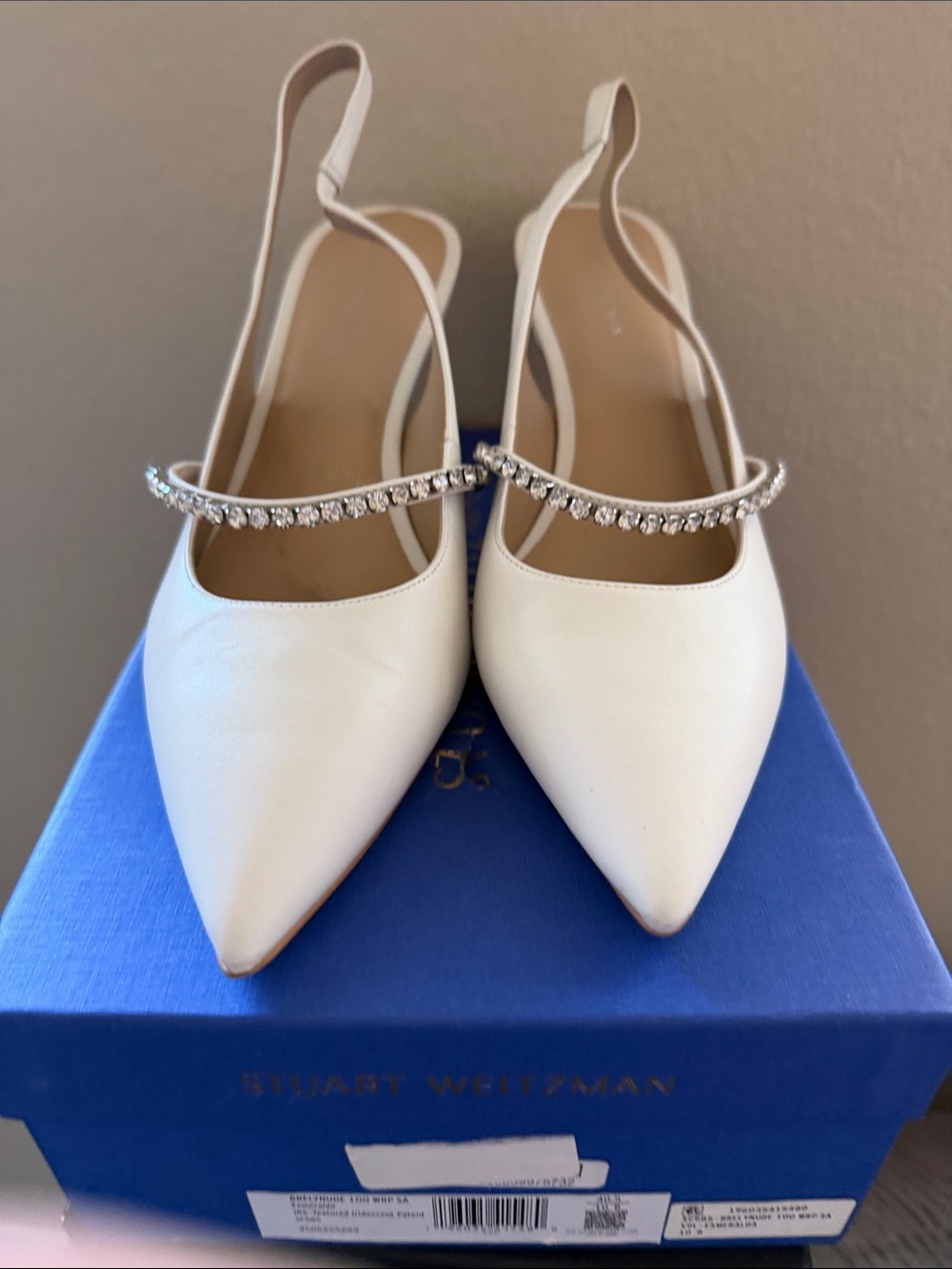 Stuart Weitzman White Pointed Slingback Flats with Rhinestone Strap
